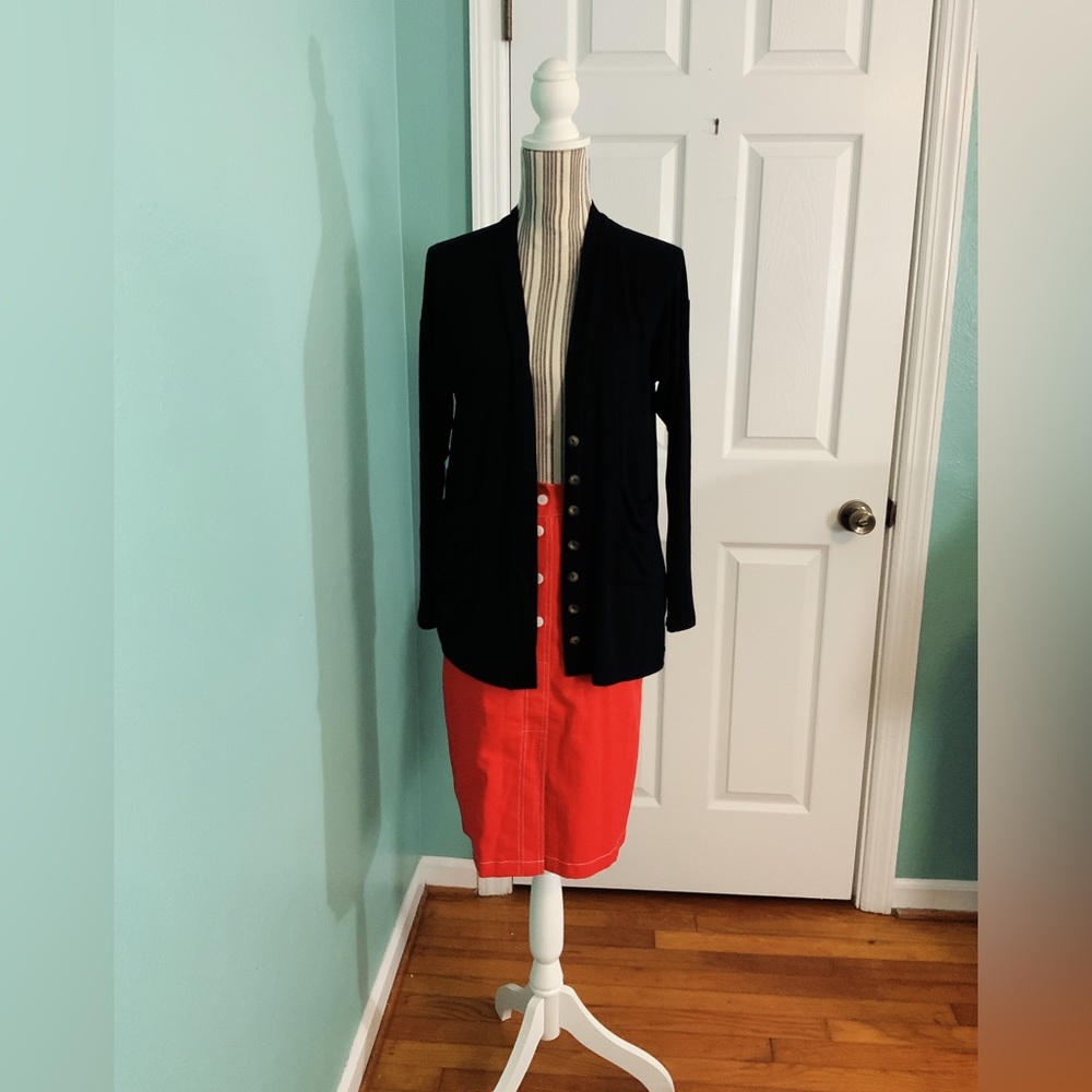 SALE Red Soft Denim Linen Pencil Skirt Button Up Pockets Cotton S M L - Picture 8 of 15